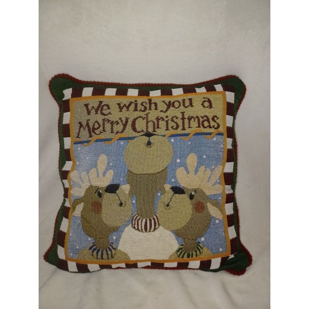 VTG Square Merry Christmas Tapestry Reindeer Pillow Large Approx.‎ 16x16"
